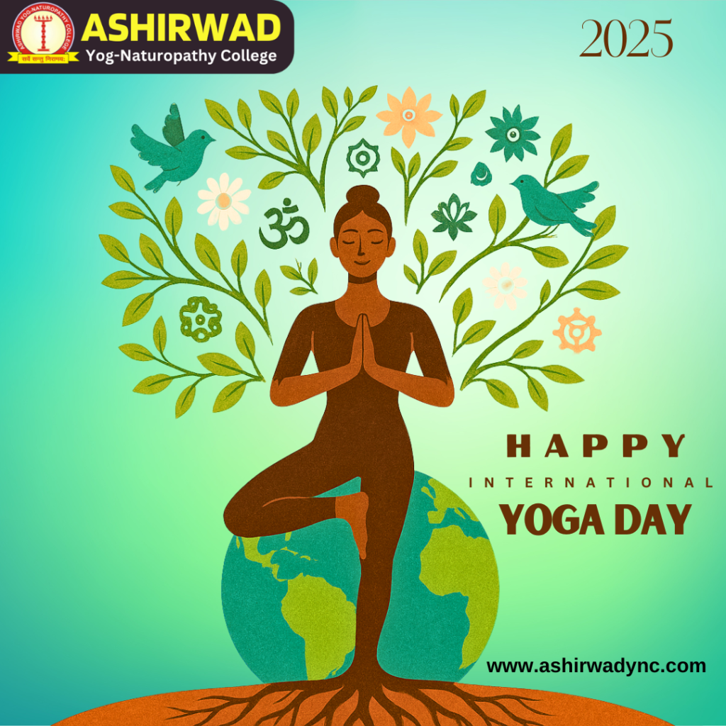 Illustration of a person in Tree Pose with roots connecting to the Earth and branches rising from the head, symbolizing the connection between personal well-being and planetary health for International Yoga Day 2025.