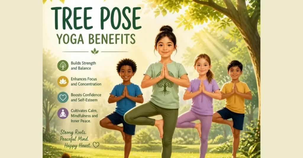 sketchful image explaining tree pose yoga benefits